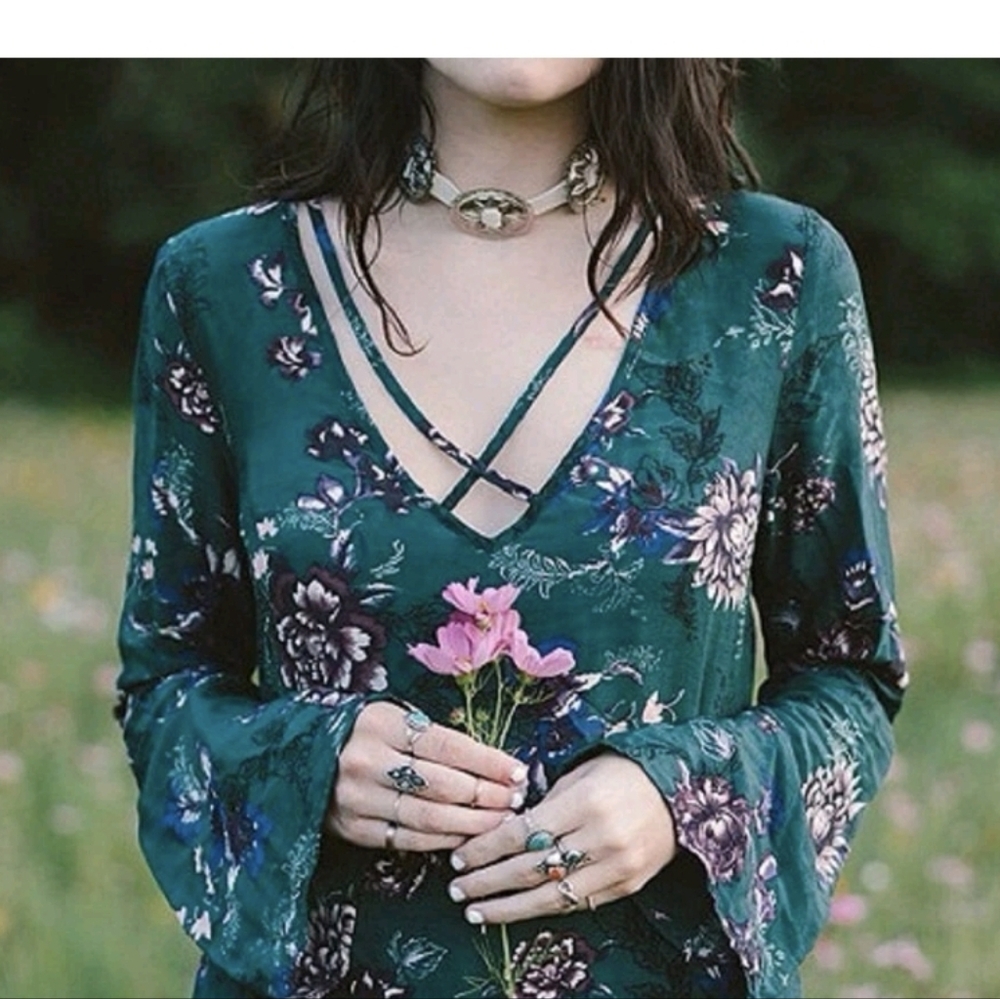 Free People Floral Cross-Strap Blouse in Dark Green and Purple Small